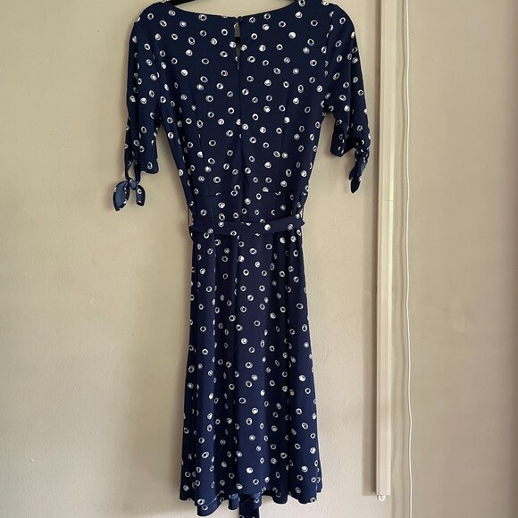 Talbots Women's Navy White Polka Dot Tie Sleeve Dress Ruffle Dress Size Small - Picture 3 of 11